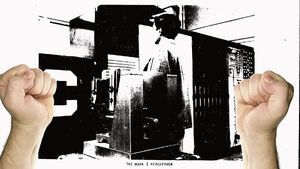 A picture of two hands above an old, grainy image of the Mark I Perceptron, a machine for pattern recognition.