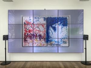 An installation shot of a Harvart Art Museum gallery with a large screen on the wall. The screen shows a spread from a sketchbook from the museum's digital collection on a blurred background of the sky. The image is captioned with the current weather (Overcast, 49°F) and the work's title and artist: Untitled, by Otto Piene