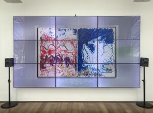 An installation shot of a Harvart Art Museum gallery with a large screen on the wall. The screen shows a spread from a sketchbook from the museum's digital collection on a blurred background of the sky. The image is captioned with the current weather (Overcast, 49°F) and the work's title and artist: Untitled, by Otto Piene