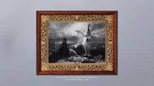 A photo of a painting from the museum's digital collection on a blurred background of the gray, overcast sky. The image is captioned with the current weather (Overcast, 49°F) and the artwork's title and artist: "Apotheosis of Louis-Adolphe Thiers" by Jehan Georges Vibert, circa 1878