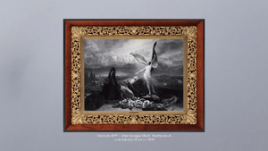 A photo of a painting from the museum's digital collection on a blurred background of the gray, overcast sky. The image is captioned with the current weather (Overcast, 49°F) and the artwork's title and artist: "Apotheosis of Louis-Adolphe Thiers" by Jehan Georges Vibert, circa 1878